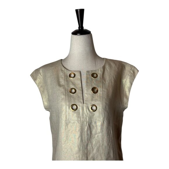 J Crew Dress Women 2 Beige Metallic Gold Linen Shift Mini Lagenlook Preppy - Picture 4 of 13
